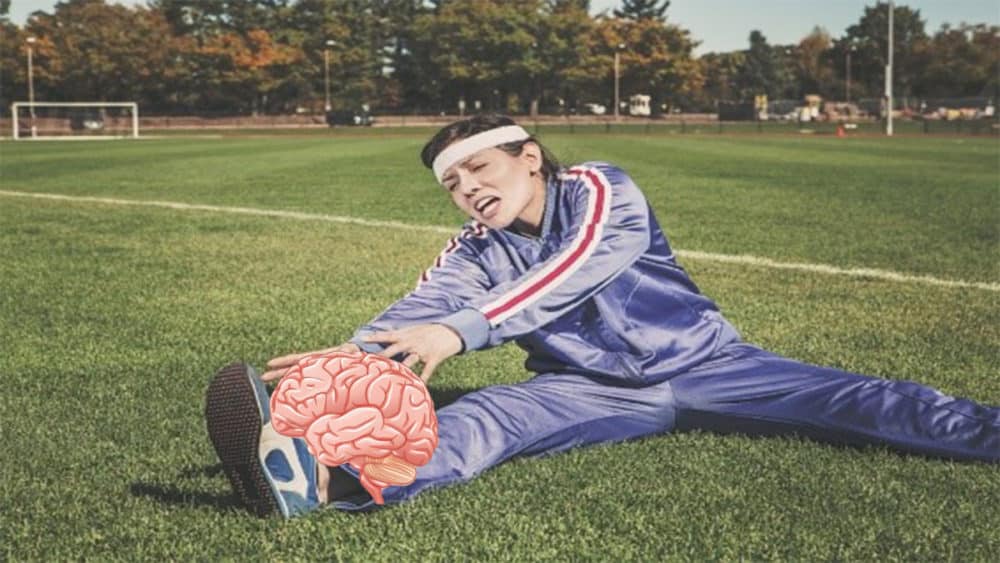 Brain benefits from exercise as woman exercises a brain by her leg