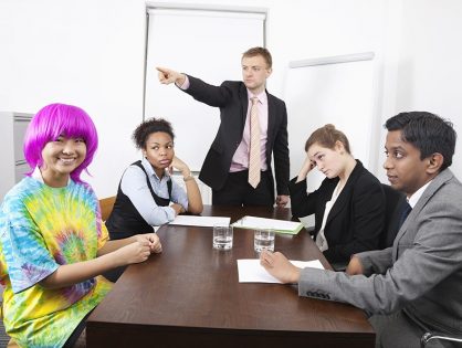 woman with purple hair told to leave meeting. Used for res ips loquitur